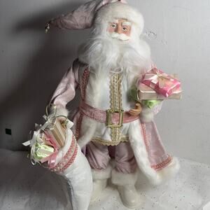 Old World Elegant Santa Figure Pink White Suit with Pearls Gold Buckle Gifts 18"